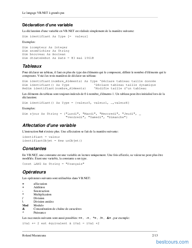 Cours Langage Visual Basic Pdf